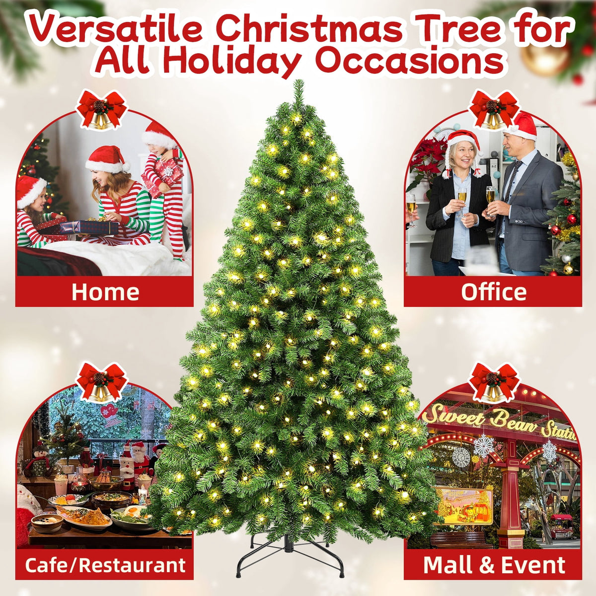 7.5ft Pre-lit Rotating Artificial Christmas Tree, 360°Spinning Base with Music, 470 Dual Color LED Lights, 8 Lighting Modes for Indoor Holiday Decoration