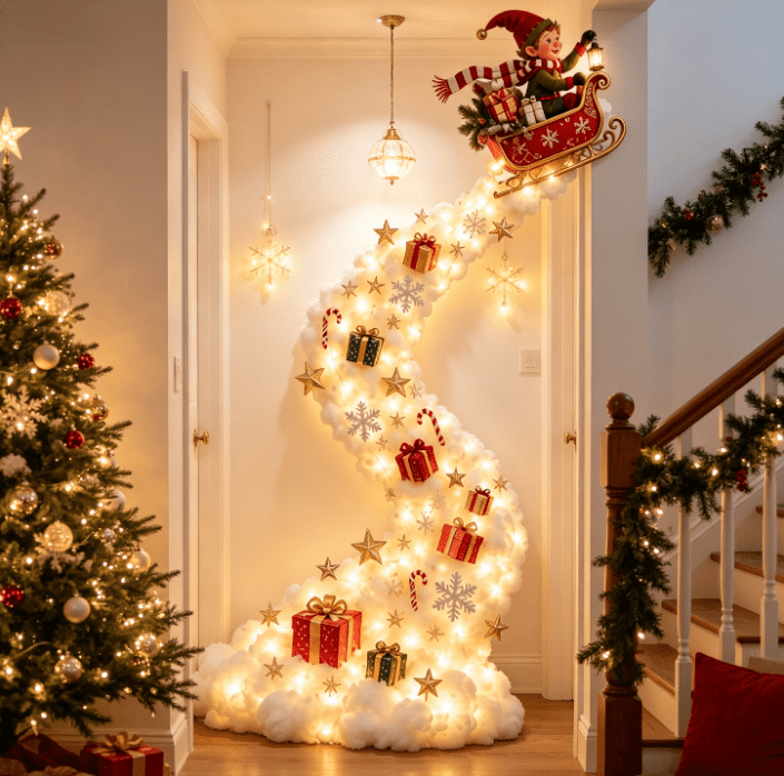 Lighted Christmas Stair Railing Garland Pack of 5 Santa Figures Snow Scene Ornament for Staircase Banister Indoor Display
