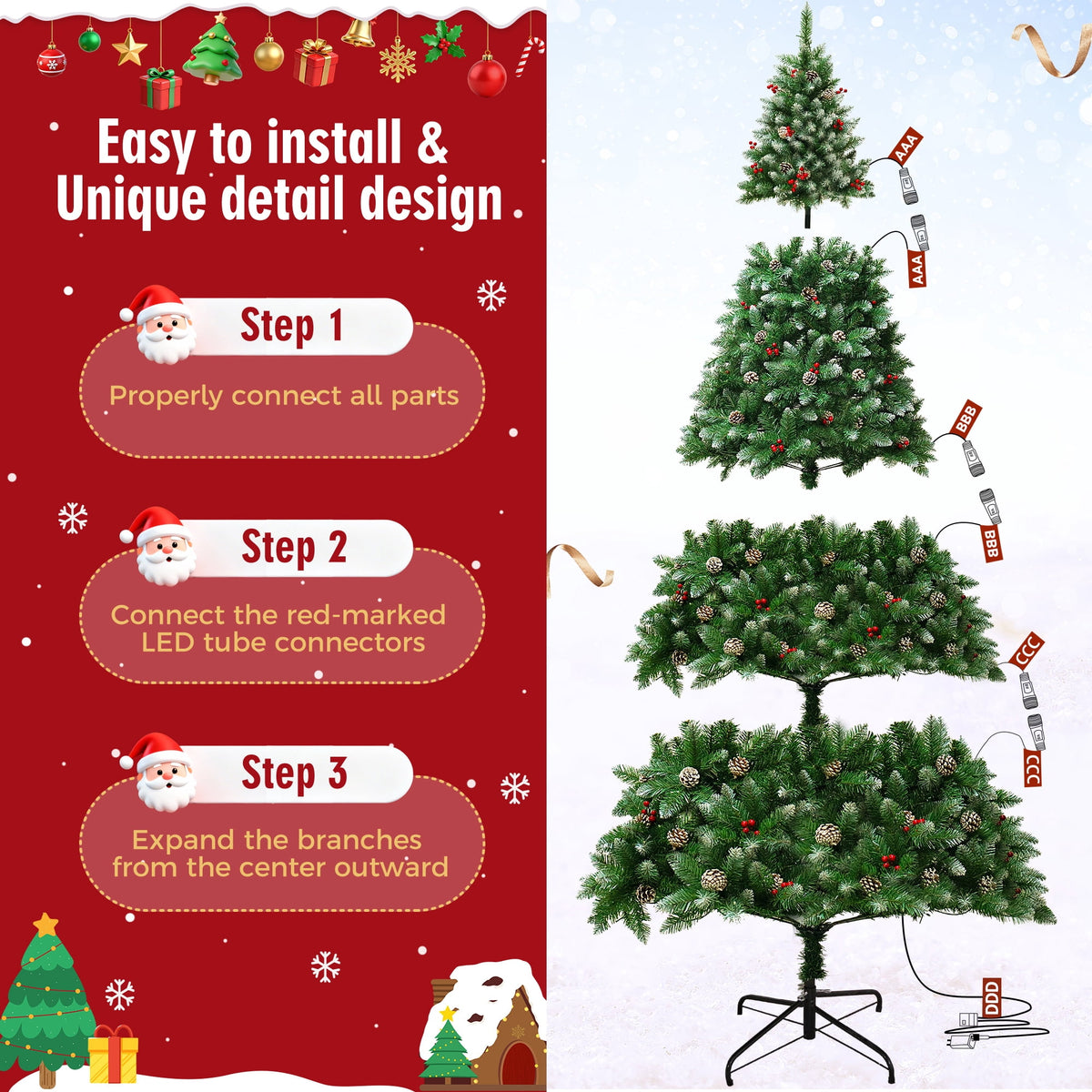 Yexmas 6FT Pre-Lit Christmas Tree with Pinecones and Red Berries,Artificial Green Xmas Tree with Large Storage Bag for Home, Office, Party Decoration
