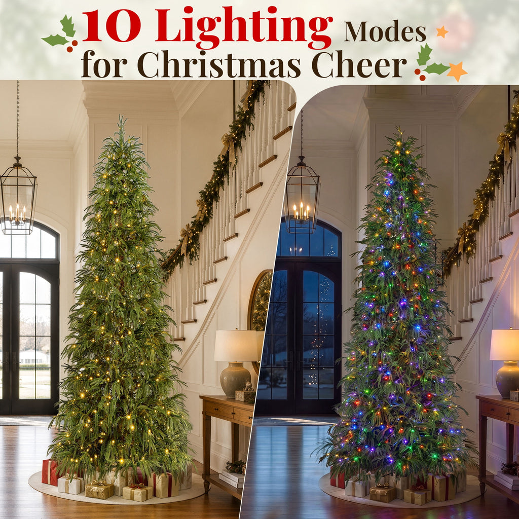 Goosiay 7 ft Pre-Lit Norfolk Pine Christmas Tree, PE Slim Artificial Tree with 300 Warm White & Multicolor 10-Function Lights, 6718 Branch Tips,Green