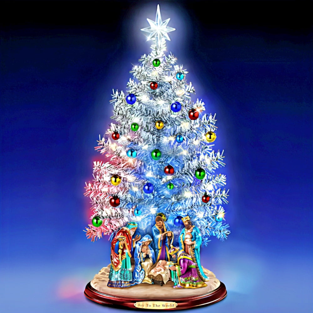 The Bradford Exchange Joy to the World Nativity Tabletop Christmas Tree with Lights & Music Pre-Lit Holiday Tree with Sculpted Nativity Scene Color-Changing Base USB Powered Christmas Decor 16-inches