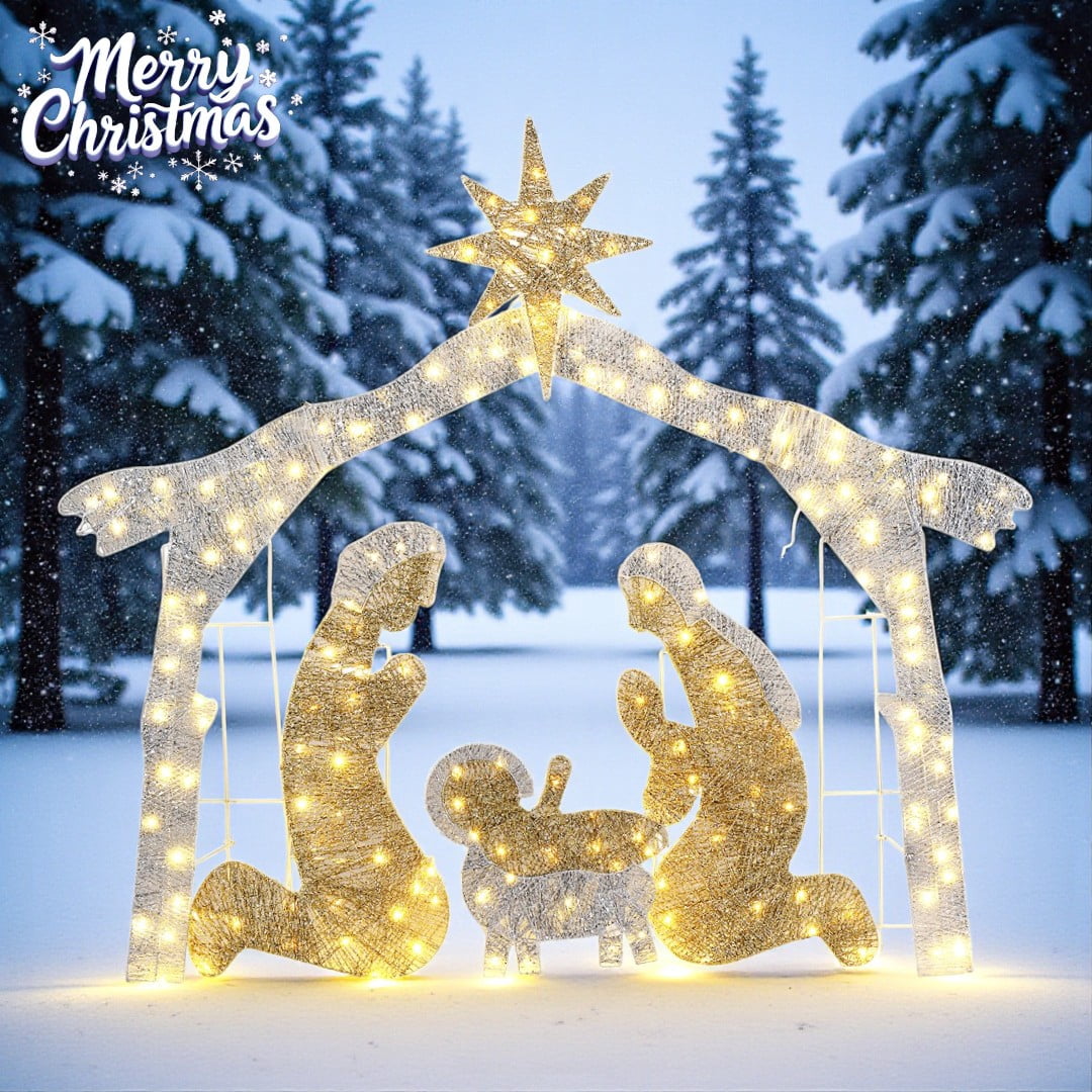 6ft Lighted Nativity Scene with 190 LED Warm White Lights – Silver Roof Garden Jesus Decoration, for Outdoor Christmas Decor