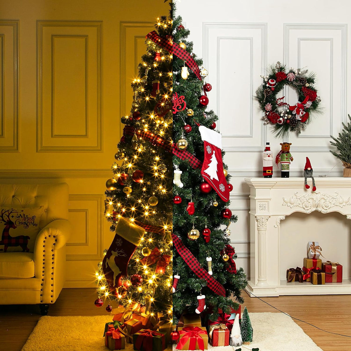 7.5ft Full PE Branch Artificial Spruce Christmas Tree, Hinged Sections Foldable Metal Base Holiday Decor