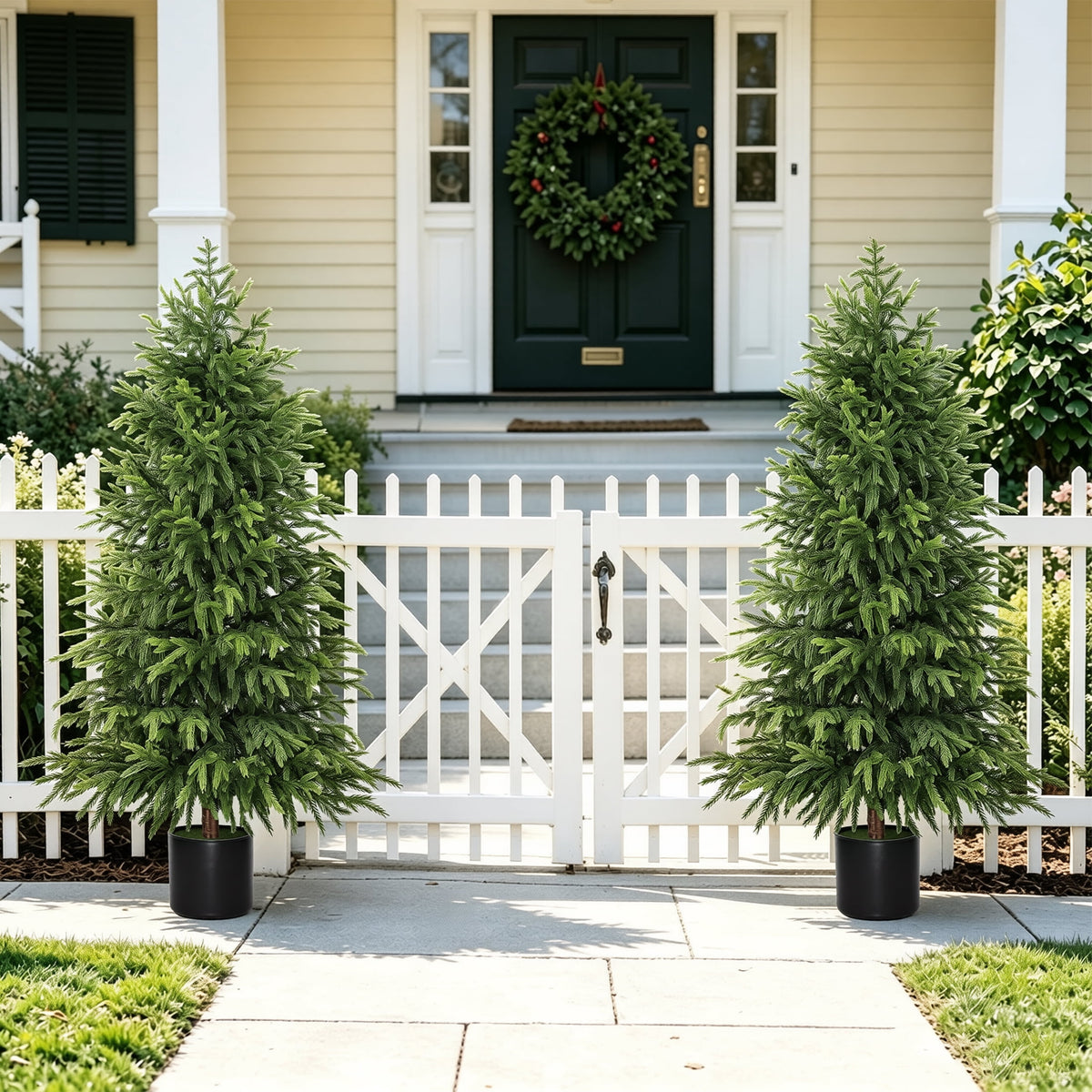 Scidweet 2 Pack Artificial Norfolk Pine Christmas Tree, 4FT Fake Potted Tree Faux Plant with 100 LED for Front Door Indoor Outdoor Porch Room Office Holiday Home Xmas Decor