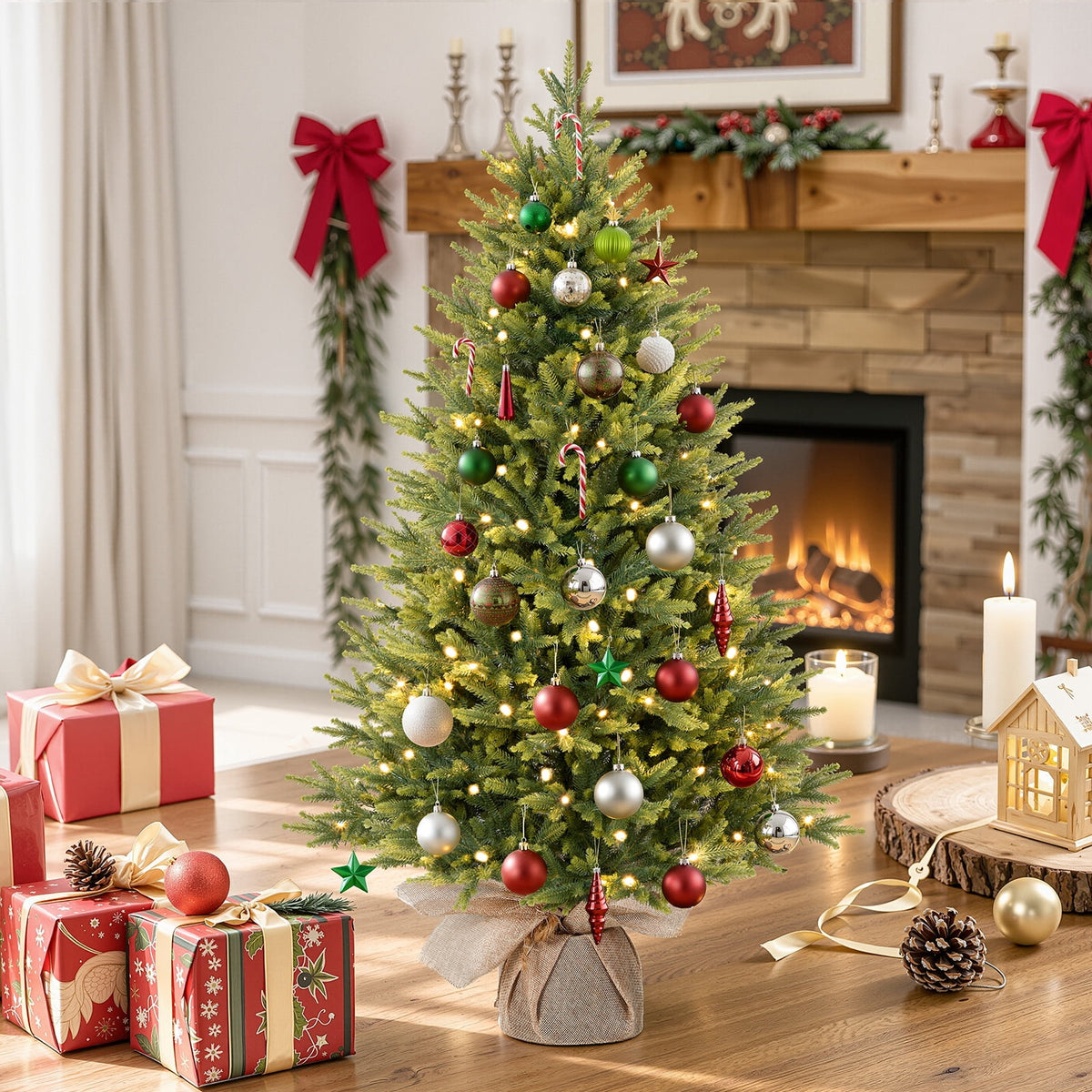 Lolsea 4ft Prelit Artificial Small Mini Christmas Tree with Color LED Lights, Remote Control and Timer, Perfect for Xmas Tabletop Decorations