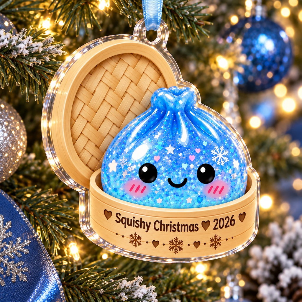Christmas Ornament Blue Squishy Dumpling in Bamboo Steamer for Tree, Cute Squishy Lover Gift