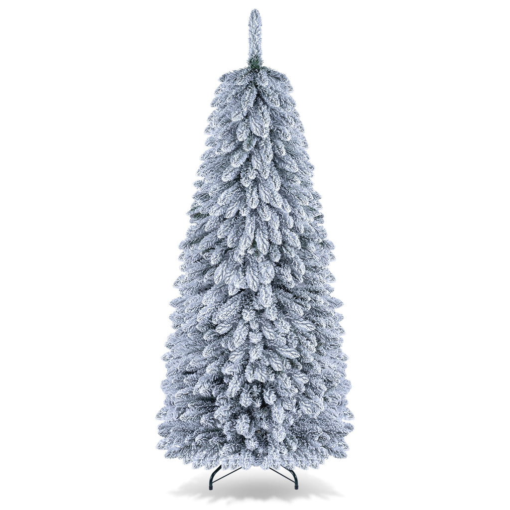 Costway 5 FT Pre-Lit Slim Christmas Tree Flocked Xmas Decoration 11 Modes 150 LED Lights