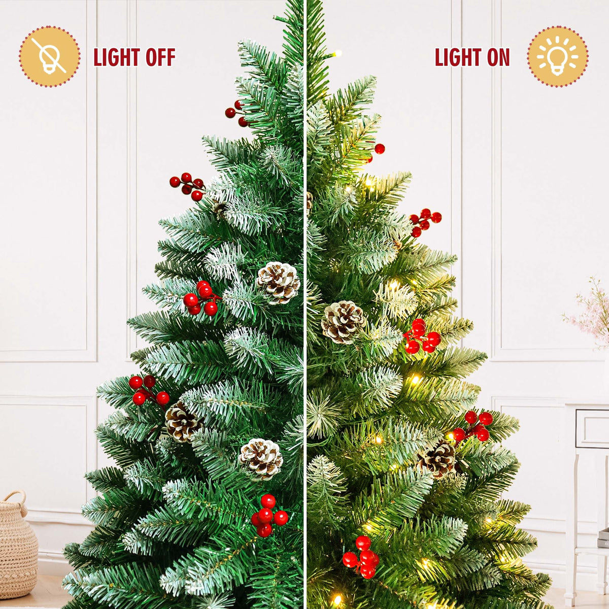 Yexmas 6FT Pre-Lit Christmas Tree with Pinecones and Red Berries,Artificial Green Xmas Tree with Large Storage Bag for Home, Office, Party Decoration