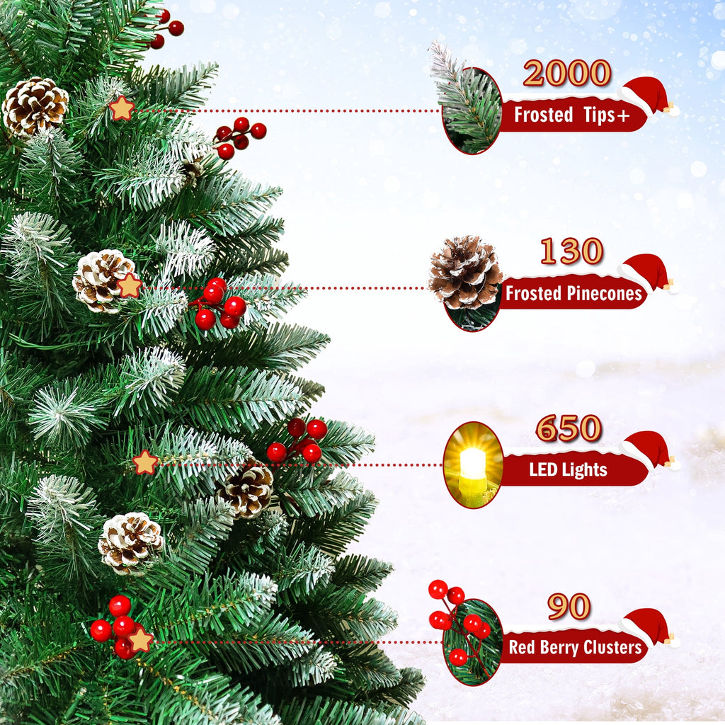 Yexmas 6FT Pre-Lit Christmas Tree with Pinecones and Red Berries,Artificial Green Xmas Tree with Large Storage Bag for Home, Office, Party Decoration