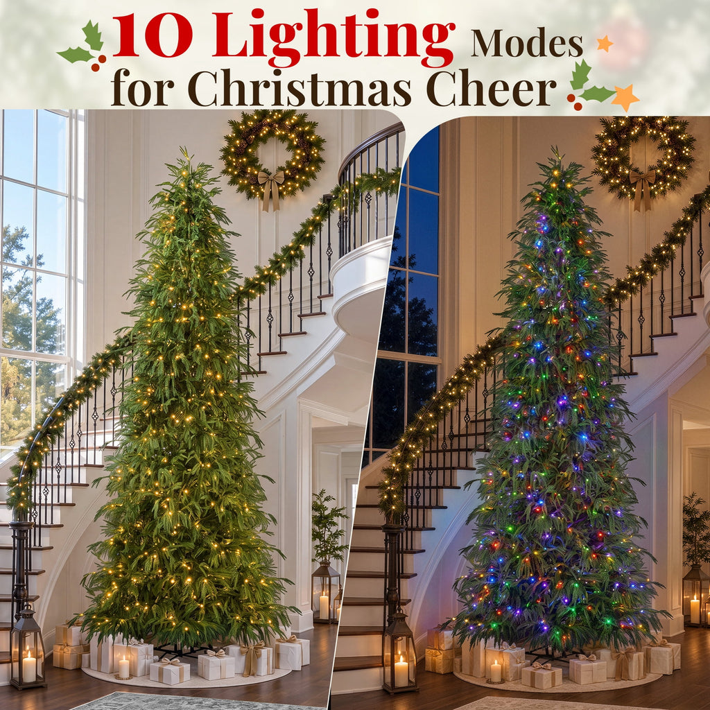 Goosiay 7 ft Pre-Lit Norfolk Pine Christmas Tree, PE Slim Artificial Tree with 300 Warm White & Multicolor 10-Function Lights, 6718 Branch Tips,Green