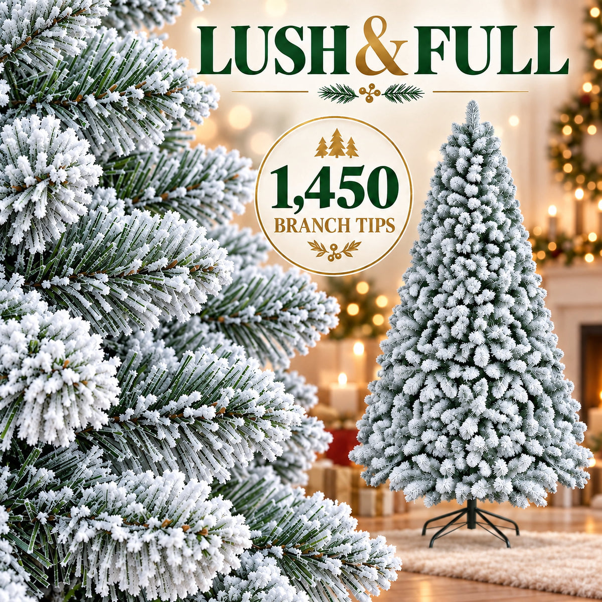 SUGIFT 7.5ft Artificial Snow Flocked Christmas Tree, 1450 Branch Tips, Unlit Holiday Decor with Metal Stand
