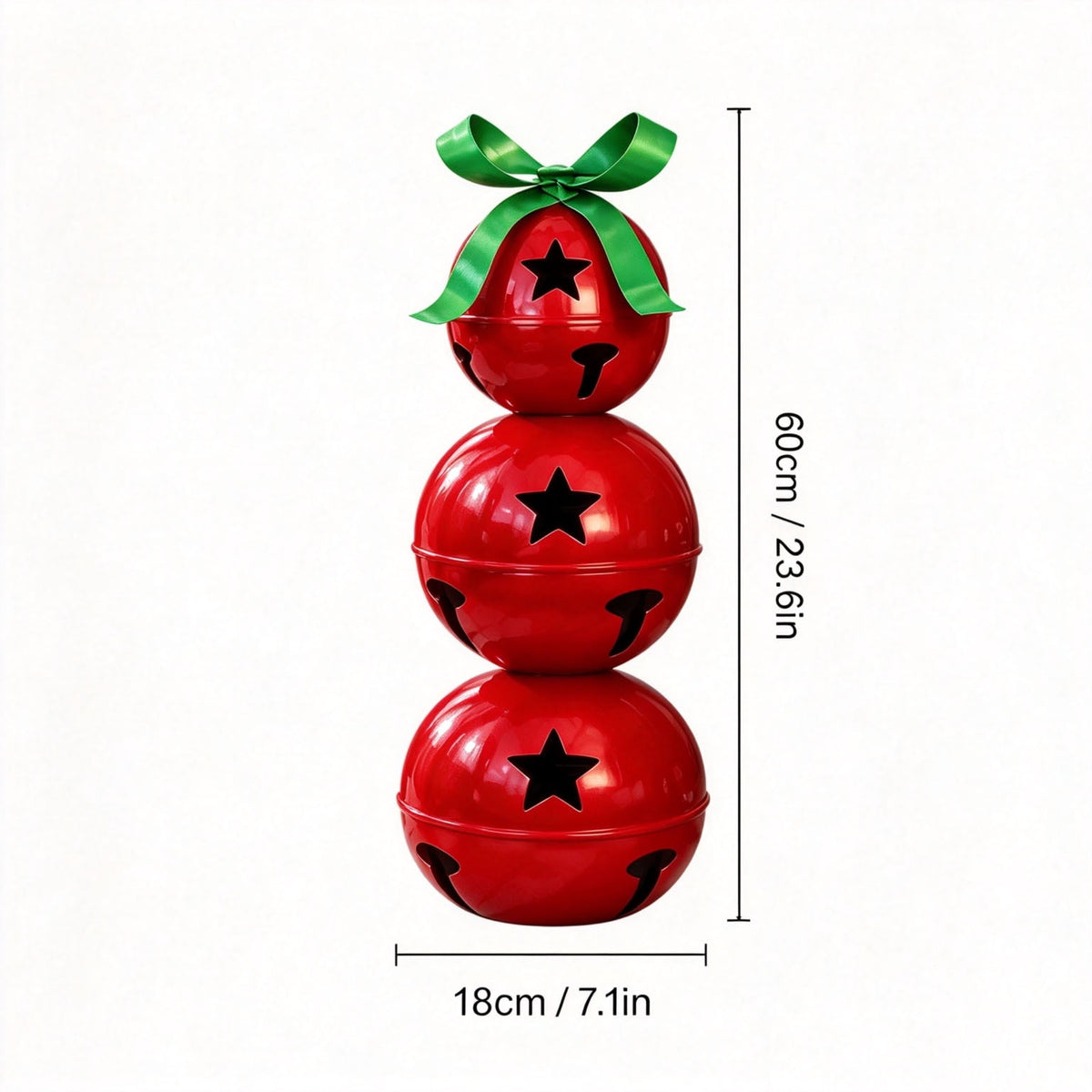 Stacked Christmas Bells, 23.6 Inch 3-Tier Red Metal Bell Decoration with Star Cutouts and Green Bow, Large Christmas Porch Decor for Mantel Entryway Holiday Display
