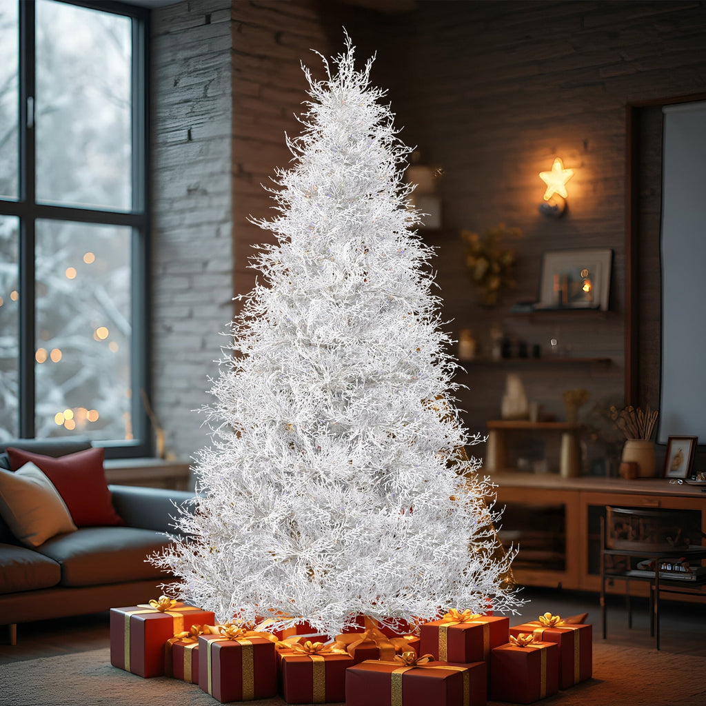 7FT White Christmas Tree, 400 LED Lights with 3 Modes Warm White Multi-color Macaroon, 1218 PE Branch Tips, Flame-Retardant, Reinforced Metal Stand, Indoor Living Room Entryway Office Holiday Decor