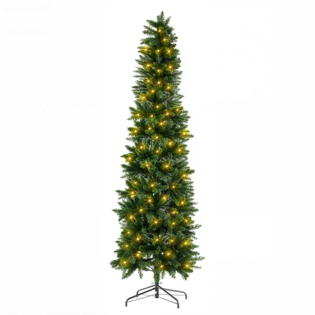 edx 9ft Pre-lit Pencil Christmas Tree, Green Artificial Spruce Slim Christmas Trees, With 500 LED Lights, 1100 Branch Tips & Foldable Base, For Home, Office, Party Decoration
