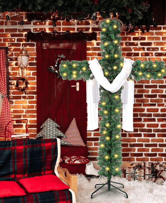 Loyerfyivos 6Ft Pre-Lit Christmas Crosses Tree Artificial Christmas Cross Tree Artificial Xmas Tree with LED Light and Christ Crown Silk Scarf Wood Rattan Ring for Home Decor Celebrate Lord Savio