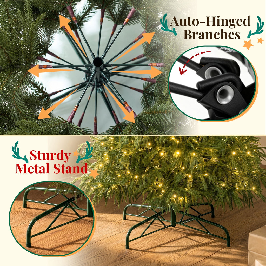 Goosiay 7 ft Pre-Lit Norfolk Pine Christmas Tree, PE Slim Artificial Tree with 300 Warm White & Multicolor 10-Function Lights, 6718 Branch Tips,Green