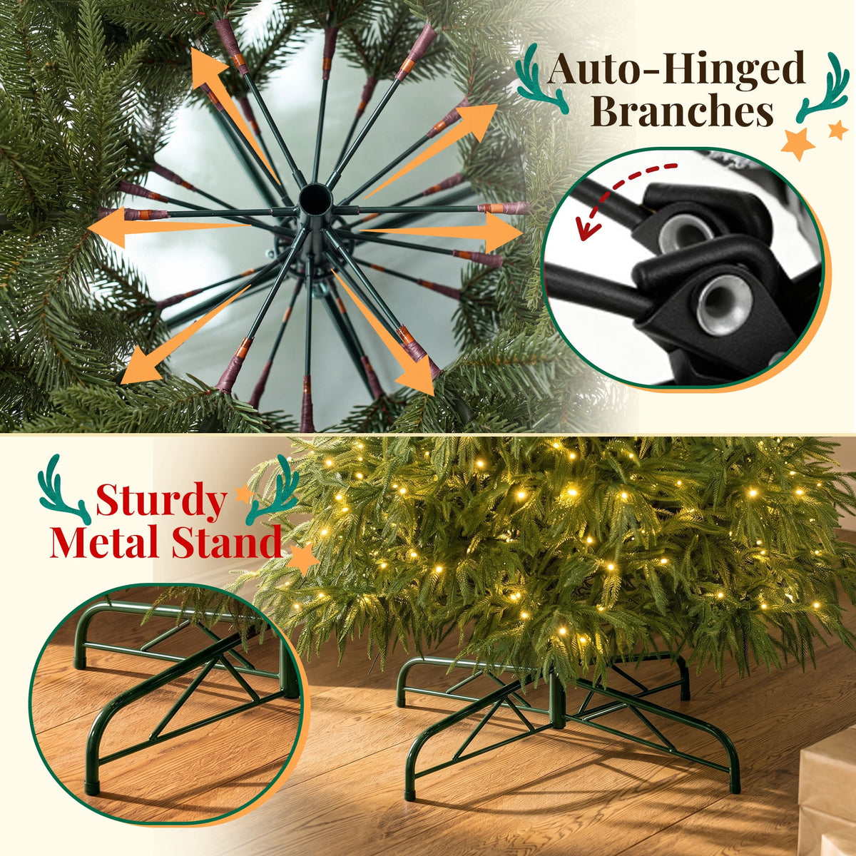 Goosiay 7 ft Pre-Lit Norfolk Pine Christmas Tree, PE Slim Artificial Tree with 300 Warm White & Multicolor 10-Function Lights, 6718 Branch Tips,Green