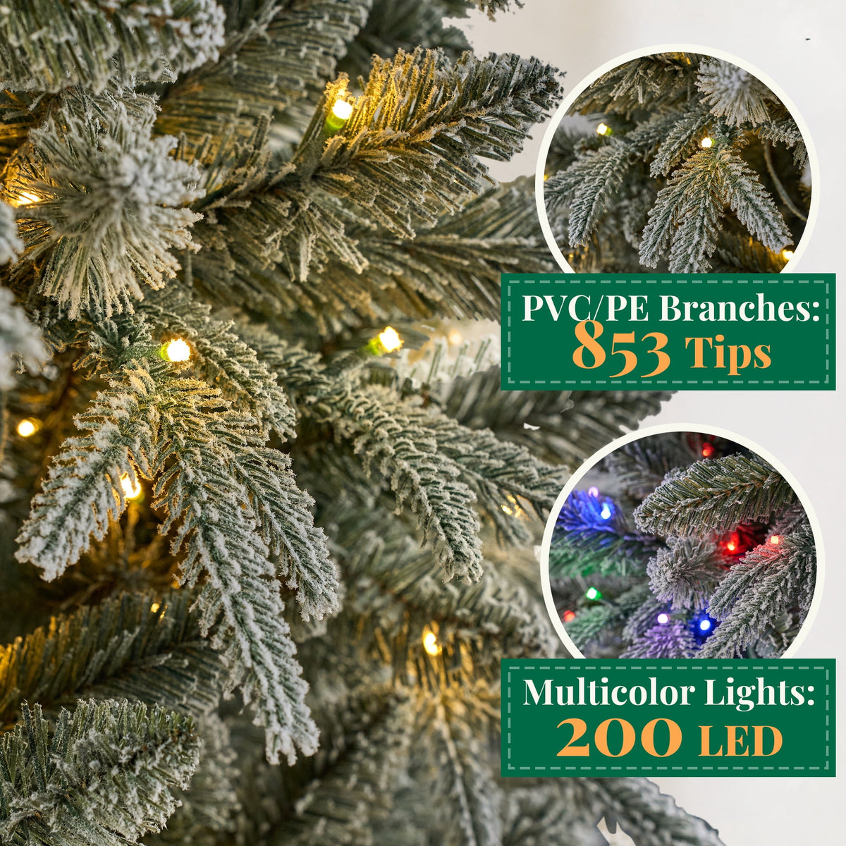 Goosiay 6 ft Pre-Lit Frosted Slim Aspen Fir Artificial Christmas Tree, PE & PVC Branches, 200 Warm White & Multicolor Lights, 10 Light Modes, 853 Branch Tips