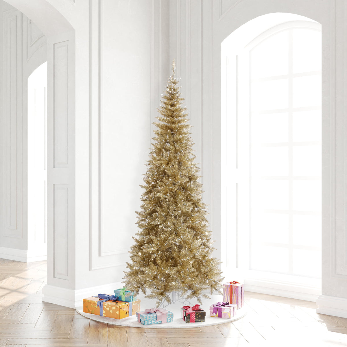 Vickerman 6.5' Champagne Tinsel Fir Slim Artificial Christmas Tree, Unlit