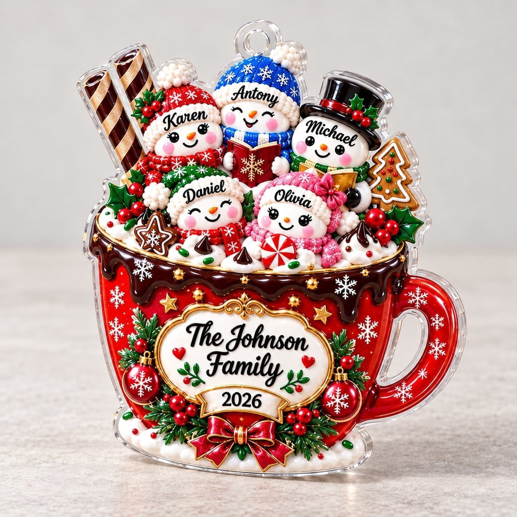 Family Ornament, Personalized Marshmallow Hot Cocoa Mug Design for Christmas Tree Decor and Holiday Keepsake