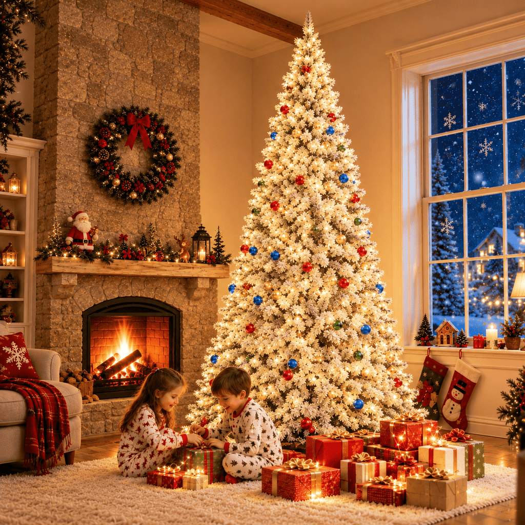 AUOSHI 7.5FT Snow Flocked Christmas Tree, Artificial White Christmas Tree with Large Storage Bag,11 Modes Warm White & Multicolor LED Lights,Indoor Holiday Home Decor