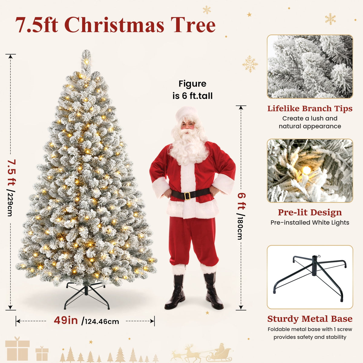 Lolsea 7ft Prelit Snow Flocked Artificial Holiday Christmas Tree w/ Warm White Lights, Foldable Stand, Full Snow Branch Tips