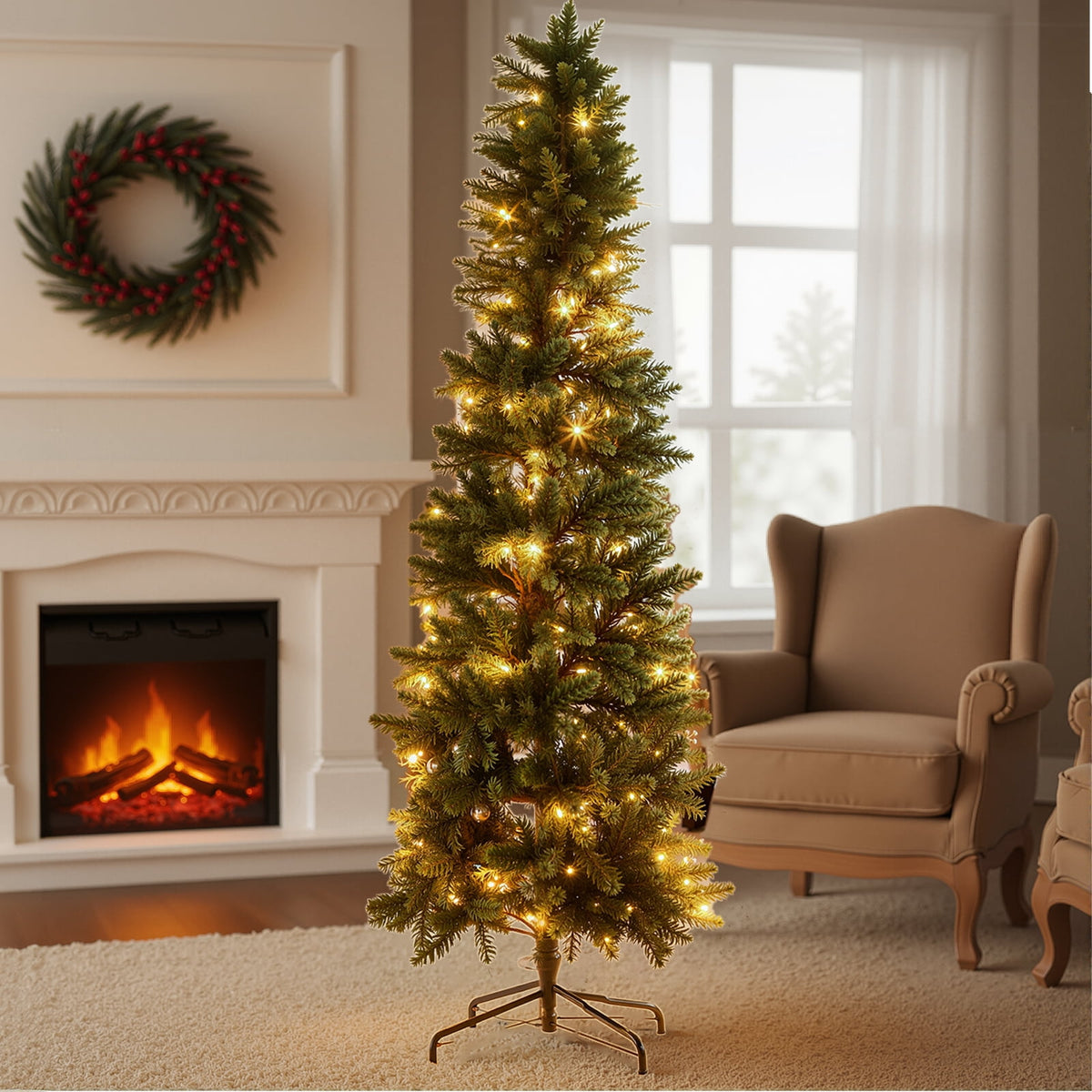 JIOABL 9-Foot Pre-Lit Fraser Fir Pencil Artificial Christmas Tree, Offering 8 Warm Light Modes, Green
