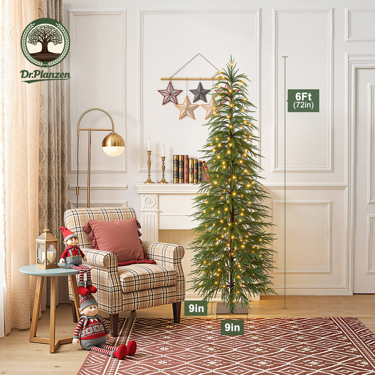 DR.Planzen 6' Pre-Lit Green Cypress Artificial Christmas Tree with 220 Warm White LED Lights, Pencil Xmas Tree with Metal Stand, Indoor Holiday Centerpiece