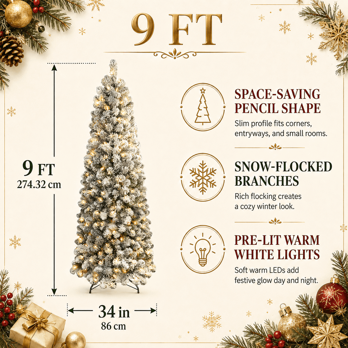 DRNEWI 6.5ft Prelit Snow Flocked Artificial Pencil Christmas Tree with Warm White Lights, Full Branch Tips, Perfect Choice Decoration for Xmas Holiday