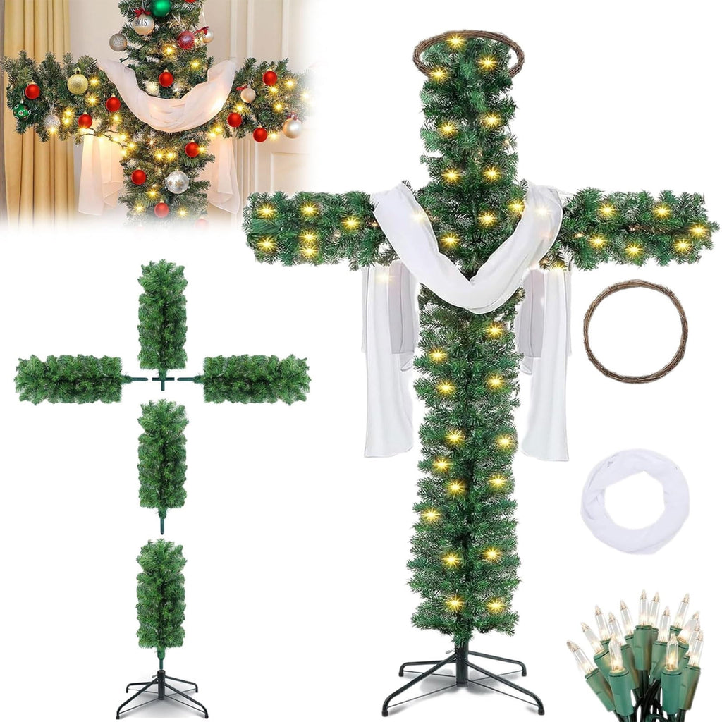 Christmas Tree Shaped Like a Cross, Foldable Cross Christmas Tree, Pre-Lit Artificial Pine Christmas Cross, White Scarves and Wooden Rattan Ring, Large Christmas Decorations (S)