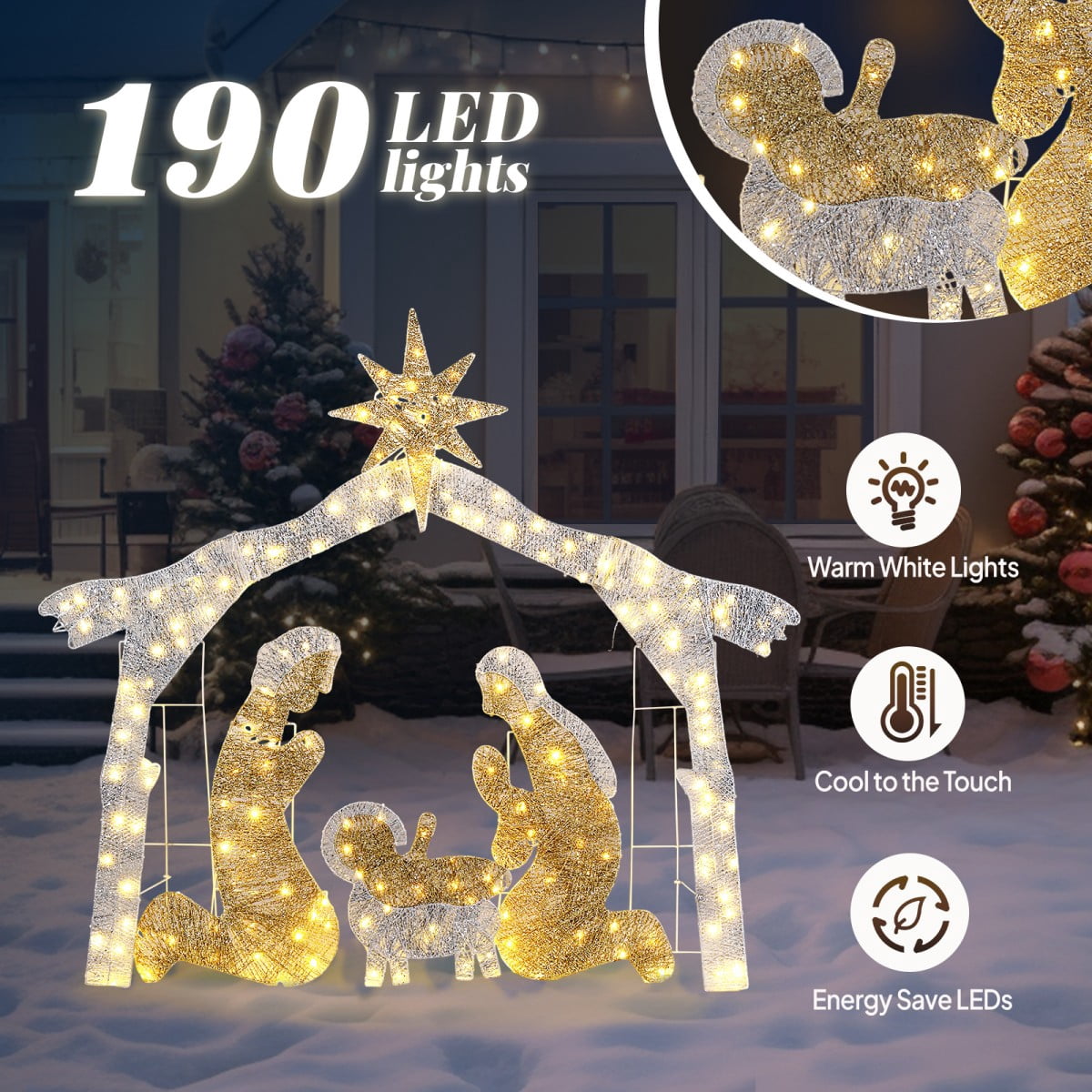 6ft Lighted Nativity Scene with 190 LED Warm White Lights – Silver Roof Garden Jesus Decoration, for Outdoor Christmas Decor