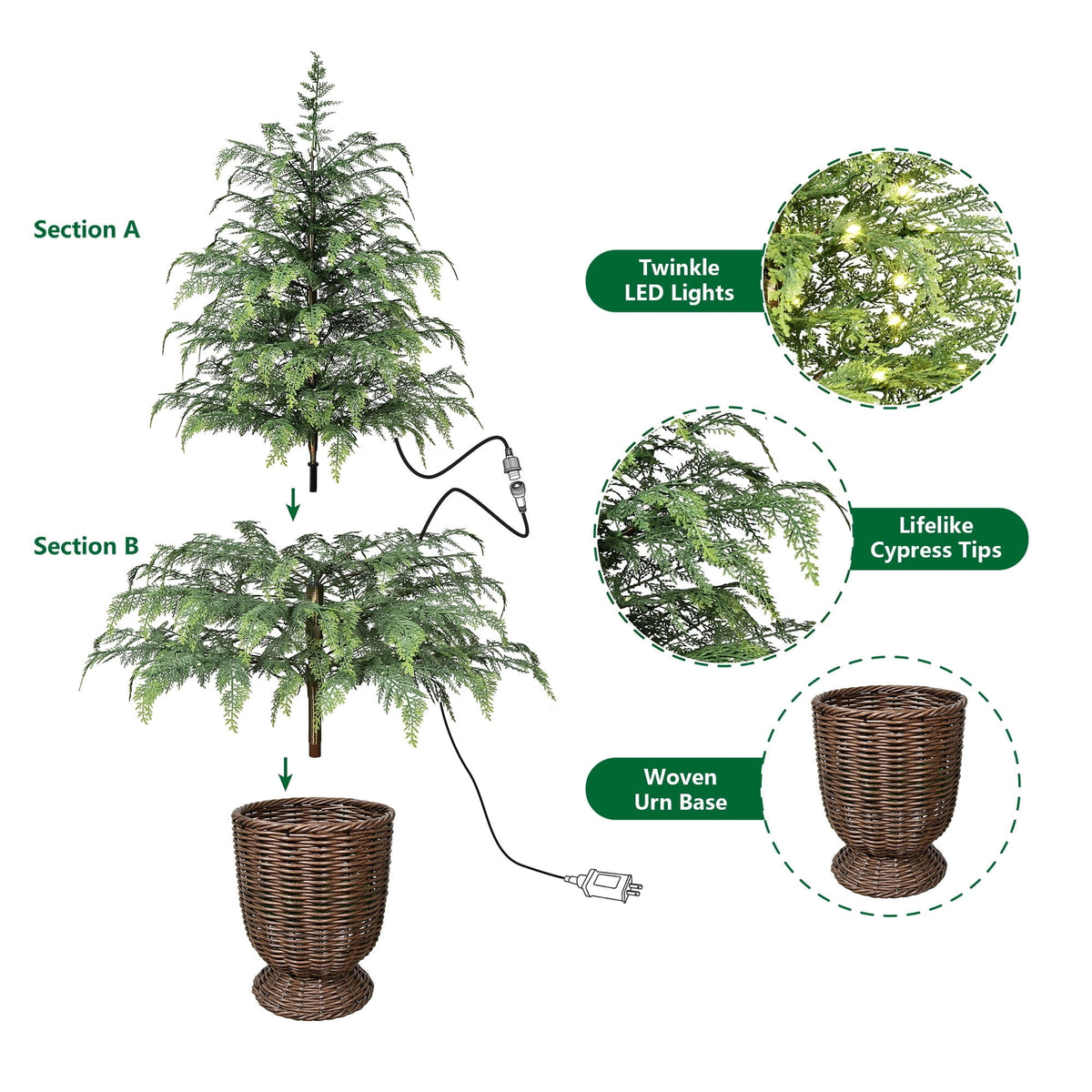 My Texas House 4' Pre-Lit Cypress Green Artificial Christmas Tree with 100 Warm White Twinkle LED Lights in Woven Basket