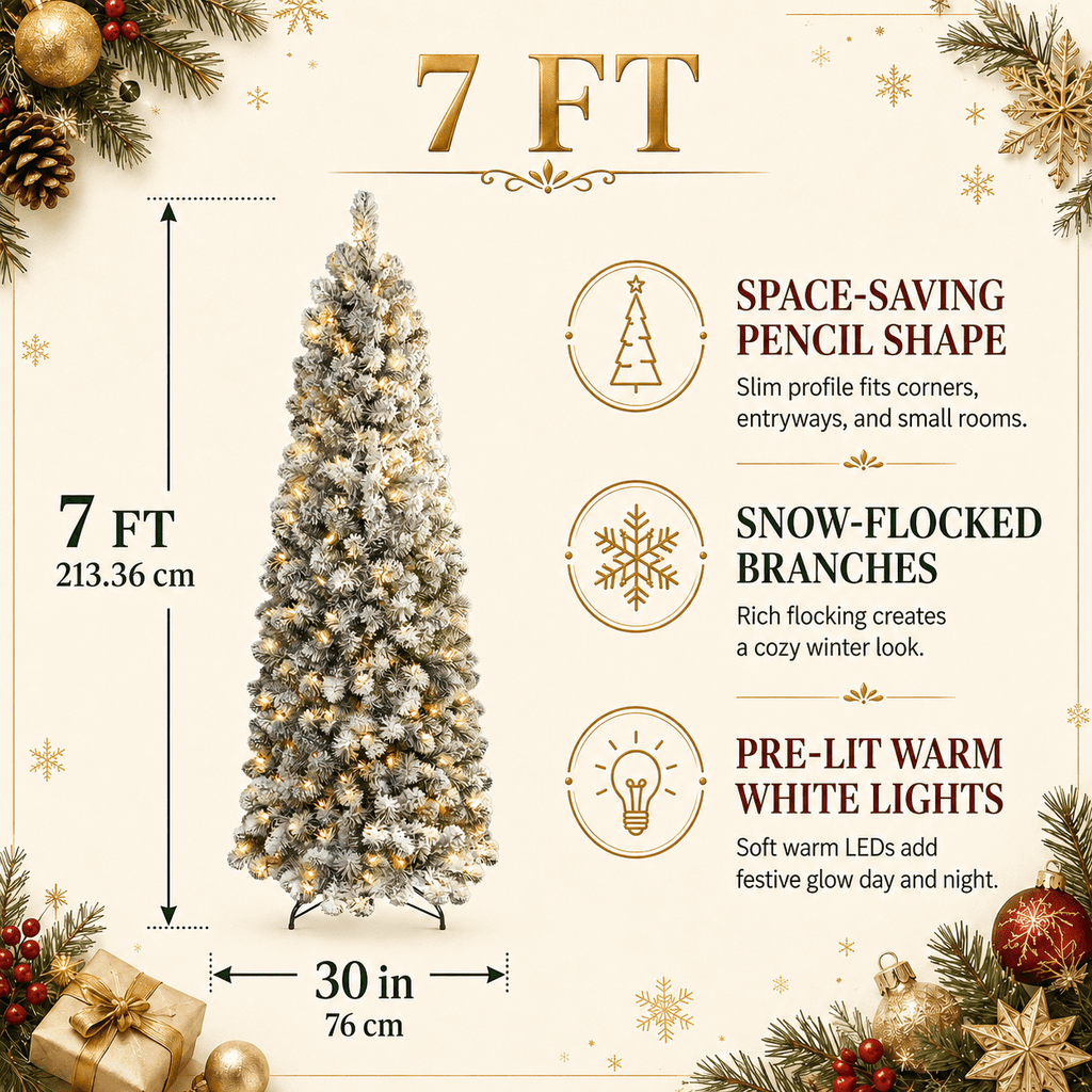 DRNEWI 6.5ft Prelit Snow Flocked Artificial Pencil Christmas Tree with Warm White Lights, Full Branch Tips, Perfect Choice Decoration for Xmas Holiday