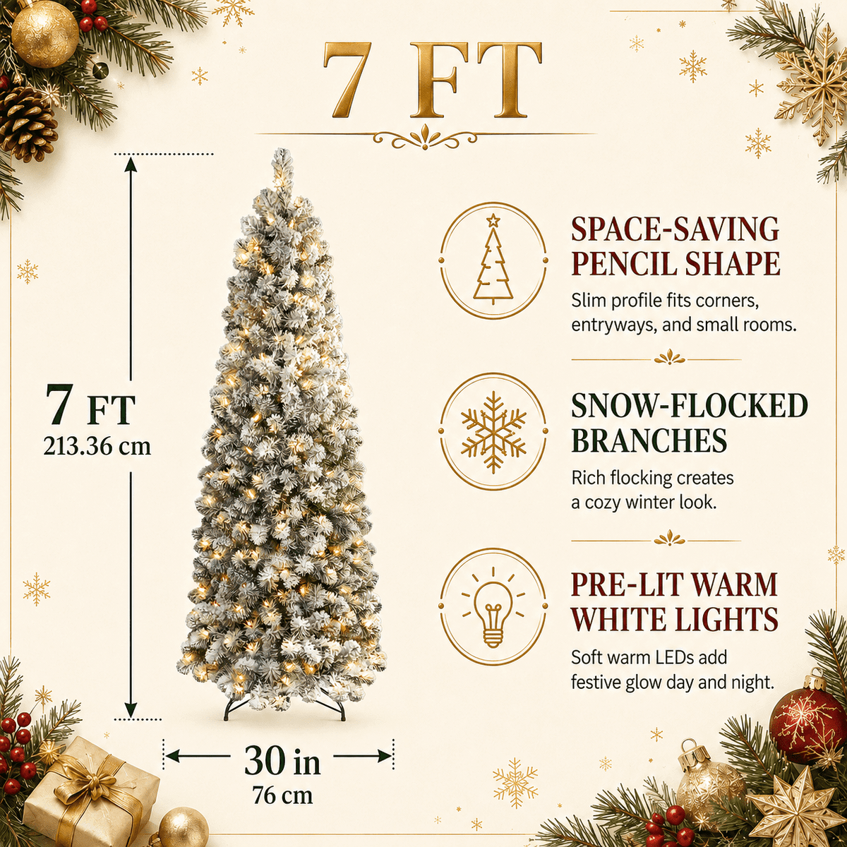 DRNEWI 6.5ft Prelit Snow Flocked Artificial Pencil Christmas Tree with Warm White Lights, Full Branch Tips, Perfect Choice Decoration for Xmas Holiday