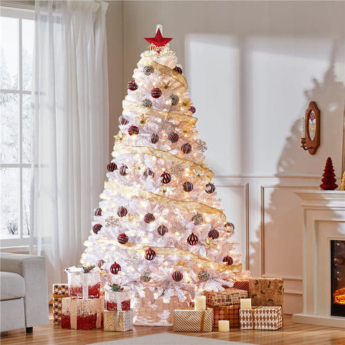 Alden Design 7.5ft Pre-Lit Fir Artificial Christmas Tree with Foldable Stand, White