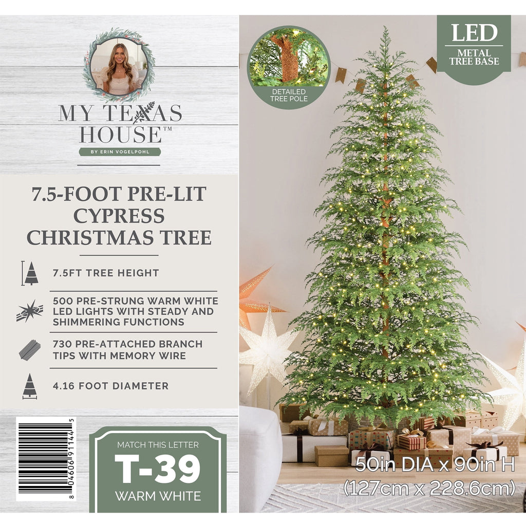 My Texas House 7.5' Pre-Lit Cypress Green Artificial Christmas Tree with 500 Warm White Twinkle LED Lights and Stand