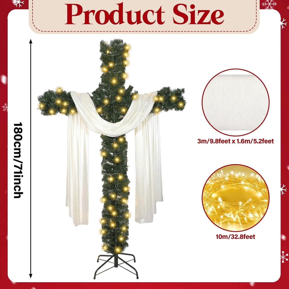 Christmas Tree, Artificial Cross Design with Lights, White Scarf and Metal Stand