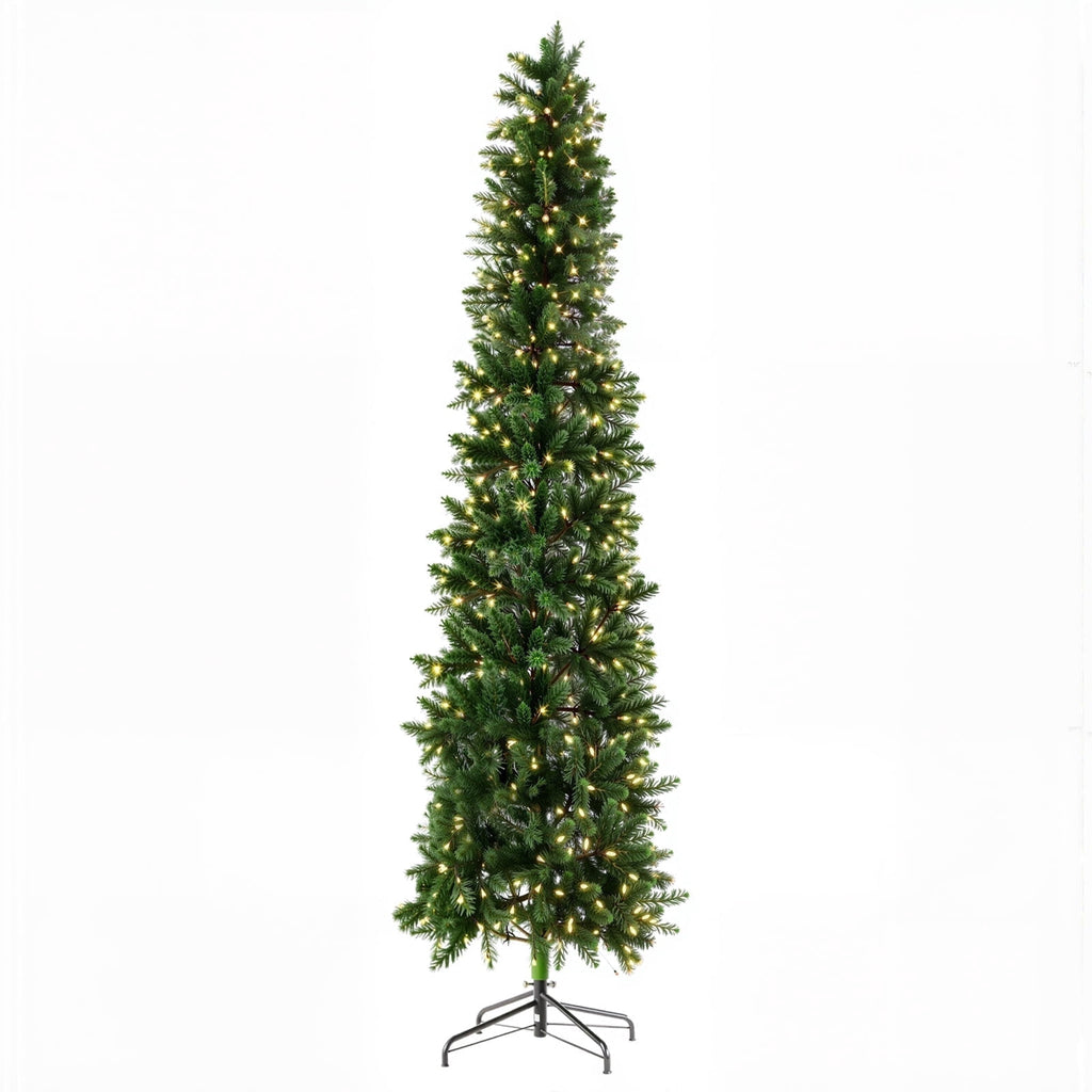 JIOABL 9-Foot Pre-Lit Fraser Fir Pencil Artificial Christmas Tree, Offering 8 Warm Light Modes, Green