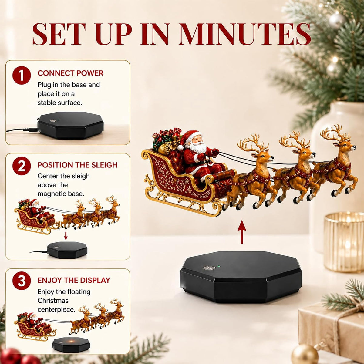 Floating Santa Sleigh, 2026 New Santa's Flying Sleigh Magnetic Levitation Christmas Display, Floating Santa Claus Tabletop Decor for Home