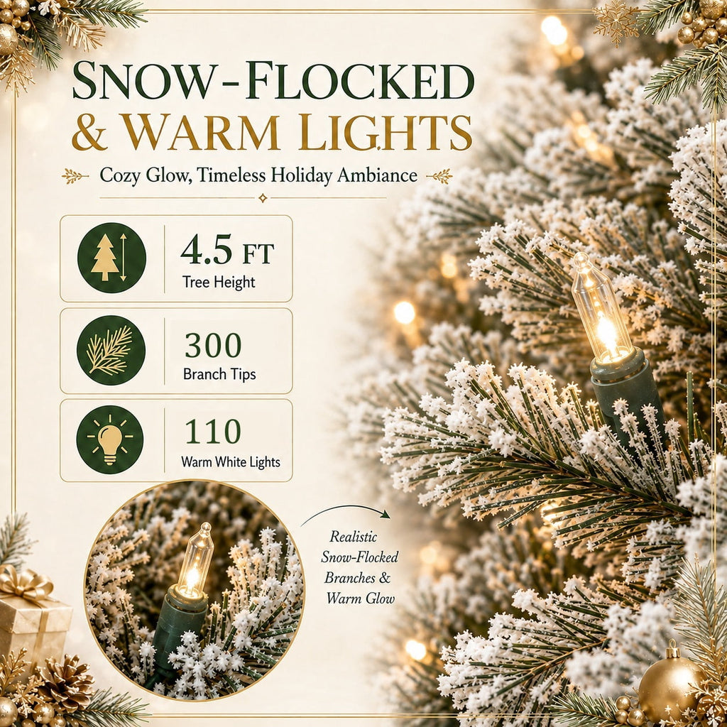 DRNEWI 6.5ft Prelit Snow Flocked Artificial Pencil Christmas Tree with Warm White Lights, Full Branch Tips, Perfect Choice Decoration for Xmas Holiday