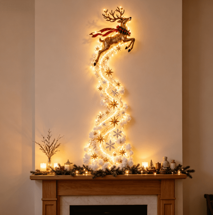 Lighted Christmas Stair Railing Garland Pack of 5 Santa Figures Snow Scene Ornament for Staircase Banister Indoor Display
