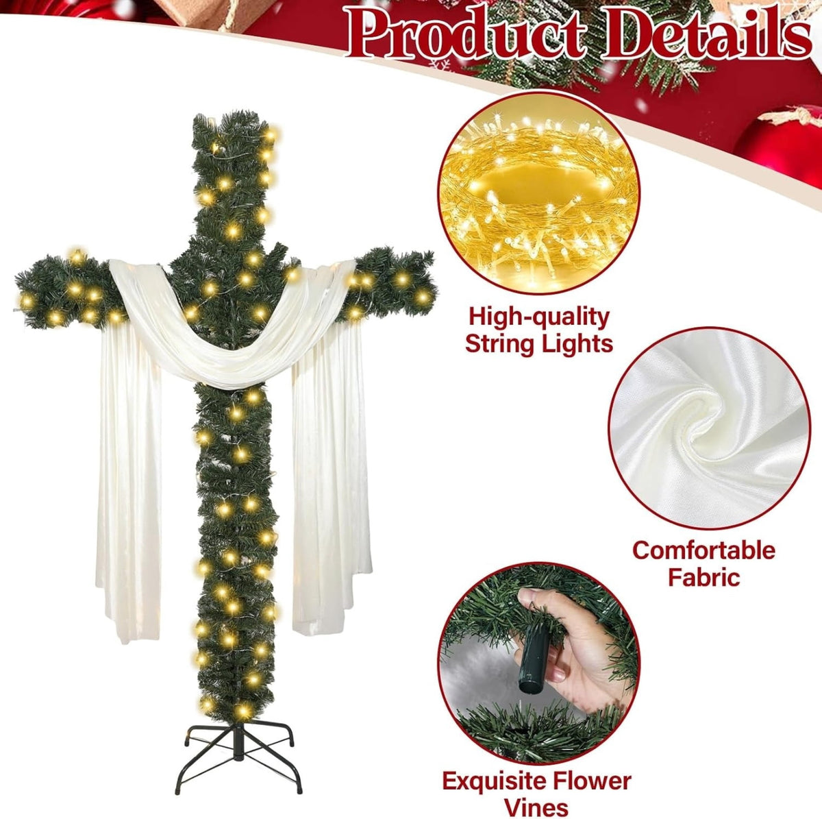 Christmas Tree, Artificial Cross Design with Lights, White Scarf and Metal Stand