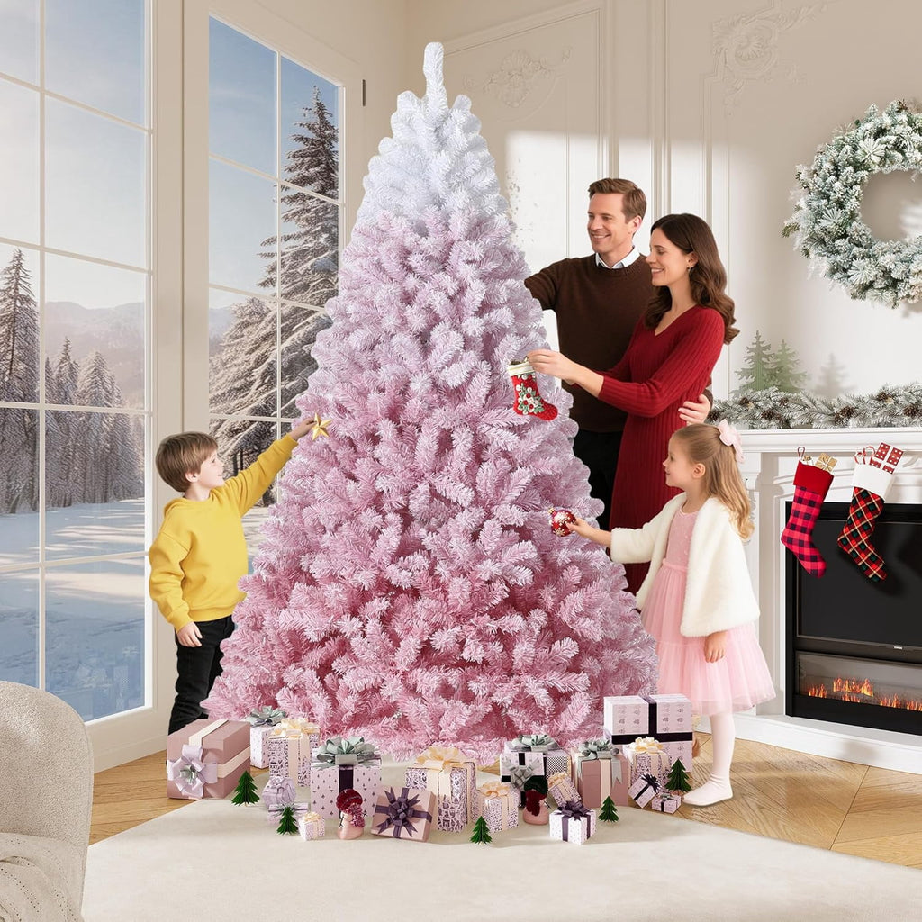 6FT Pre-Lit Snow Flocked Christmas Tree, Pink Gradient Design with 250 RGB & Warm White LED Lights, Sturdy Foldable Metal Stand for Living Room, Office & Holiday Display