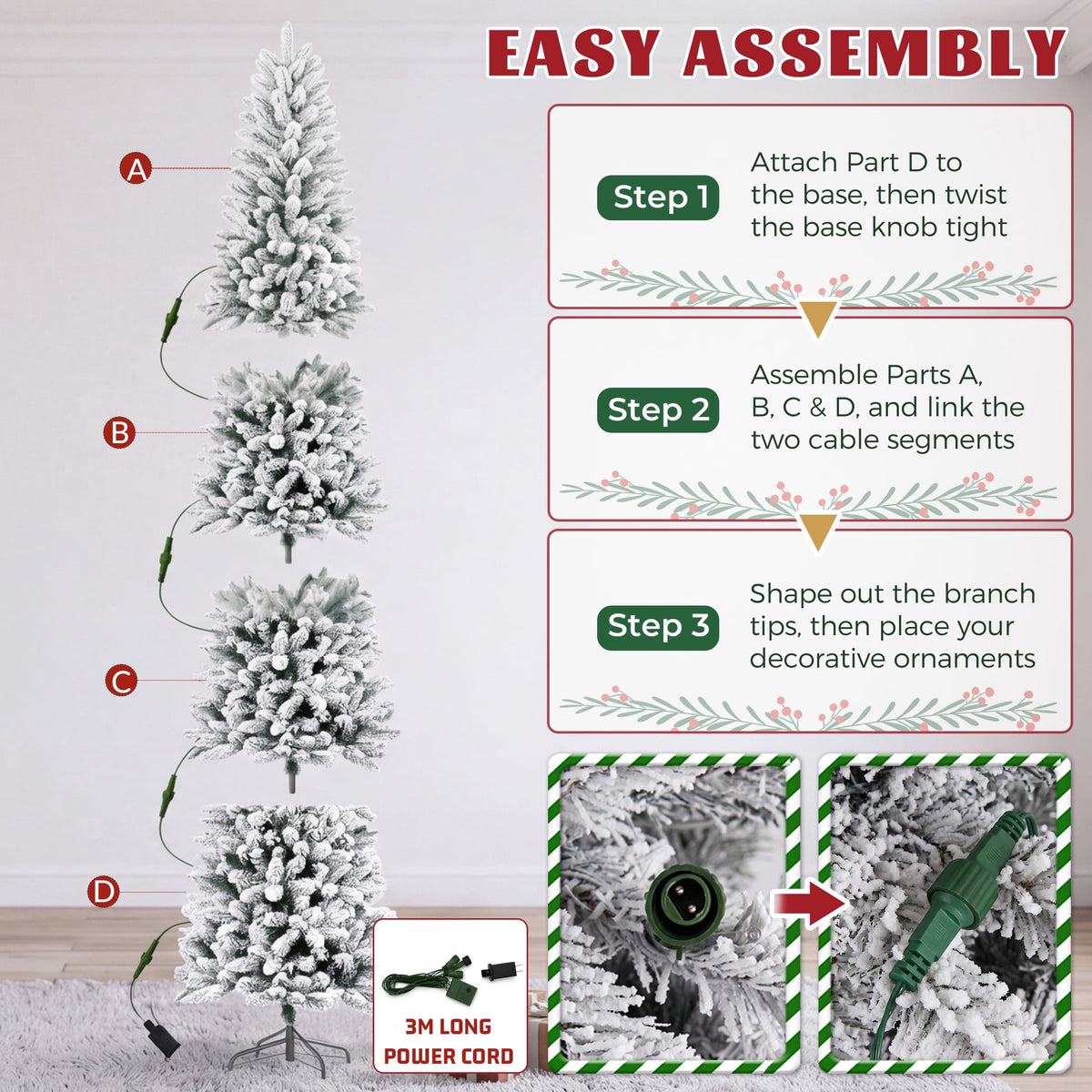edx 9ft Pre-lit Pencil Christmas Tree, Green Artificial Spruce Slim Christmas Trees, With 500 LED Lights, 1100 Branch Tips & Foldable Base, For Home, Office, Party Decoration