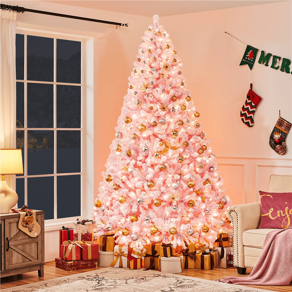 Alden Design 7.5 ft Pre-Lit Flocked Christmas Tree with Warm Lights, Frosted White