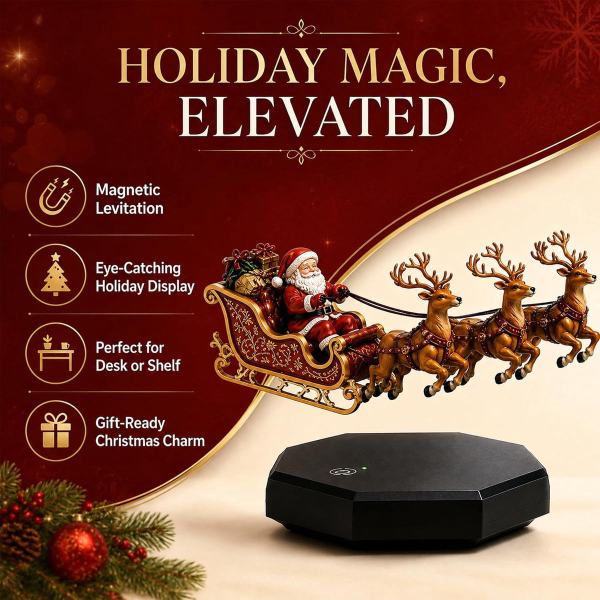 Floating Santa Sleigh, 2026 New Santa's Flying Sleigh Magnetic Levitation Christmas Display, Floating Santa Claus Tabletop Decor for Home