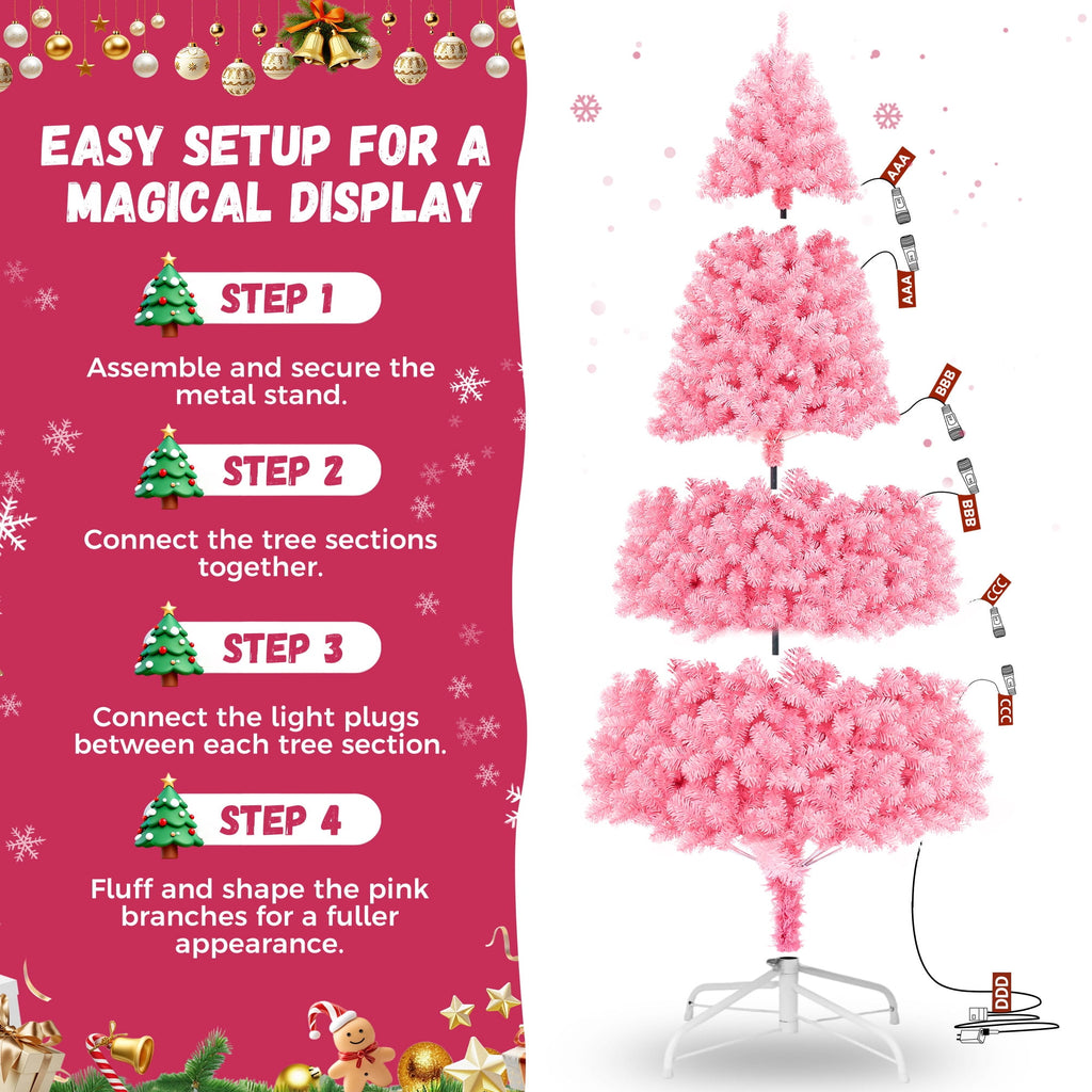 Yexmas 6ft Pre-Lit Pink Christmas Tree,Artificial Christmas Tree with 1000 PVC Branches,300 Multicolor Lights,Metal Hinges,Xmas Tree for Home,Holiday Party Decorations