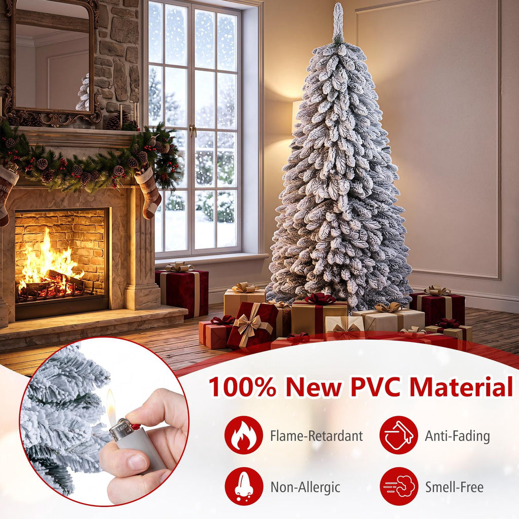 Costway 5 FT Pre-Lit Slim Christmas Tree Flocked Xmas Decoration 11 Modes 150 LED Lights