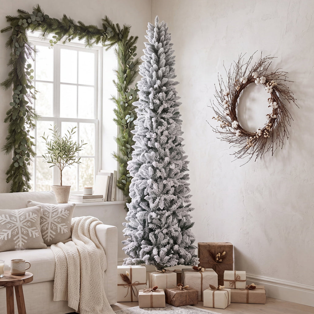 edx 9ft Pre-lit Pencil Christmas Tree, Green Artificial Spruce Slim Christmas Trees, With 500 LED Lights, 1100 Branch Tips & Foldable Base, For Home, Office, Party Decoration