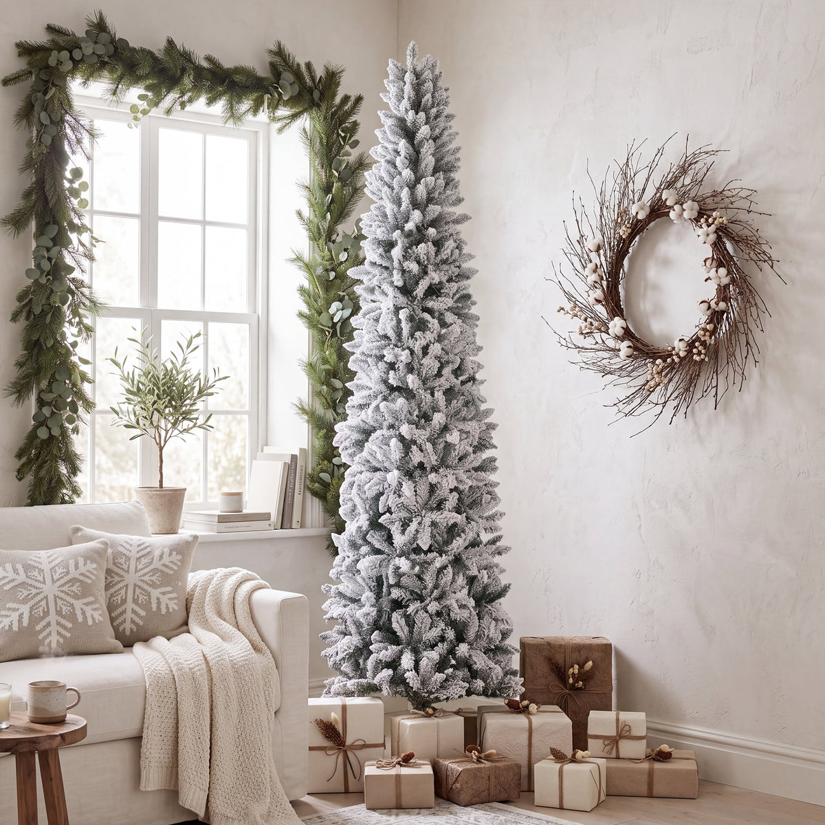 edx 9ft Pre-lit Pencil Christmas Tree, Green Artificial Spruce Slim Christmas Trees, With 500 LED Lights, 1100 Branch Tips & Foldable Base, For Home, Office, Party Decoration